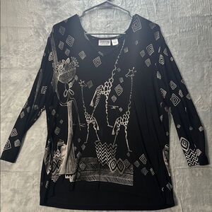 Chico’s Travelers Black Giraffe VNeck Stretch Tunic Top Size 3